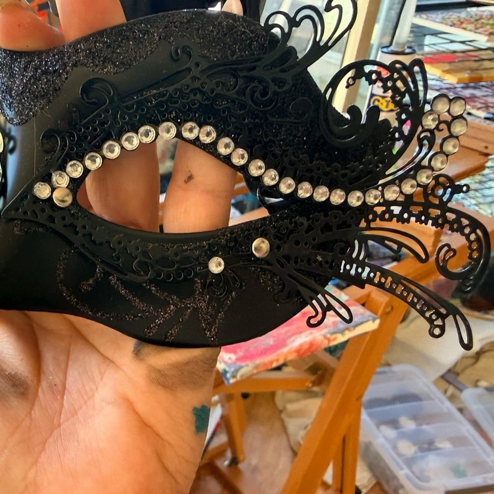 Pair of Black Rhinestone Filigree Masquerade Masks with a little black sparkle